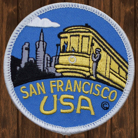 embroidered iron on sew on patch san francisco cable car blue round