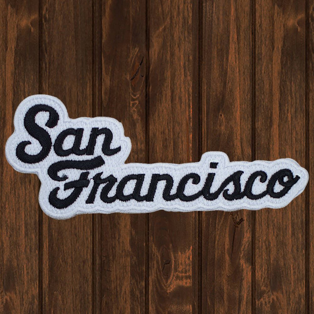 embroidered iron on sew on patch san francisco script black