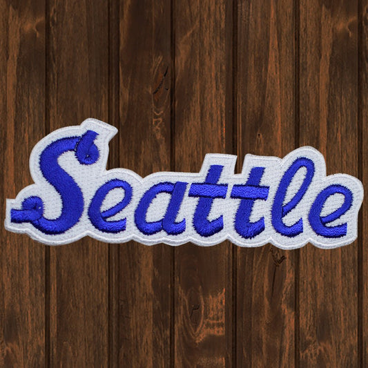 embroidered iron on sew on patch seattle script blue