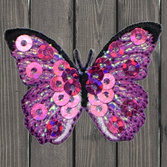 embroidered iron on sew on patch sequin fuchsia butterfly small