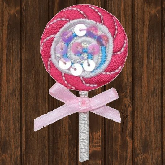 embroidered iron on sew on patch sequin pink lollipop with sheer bow