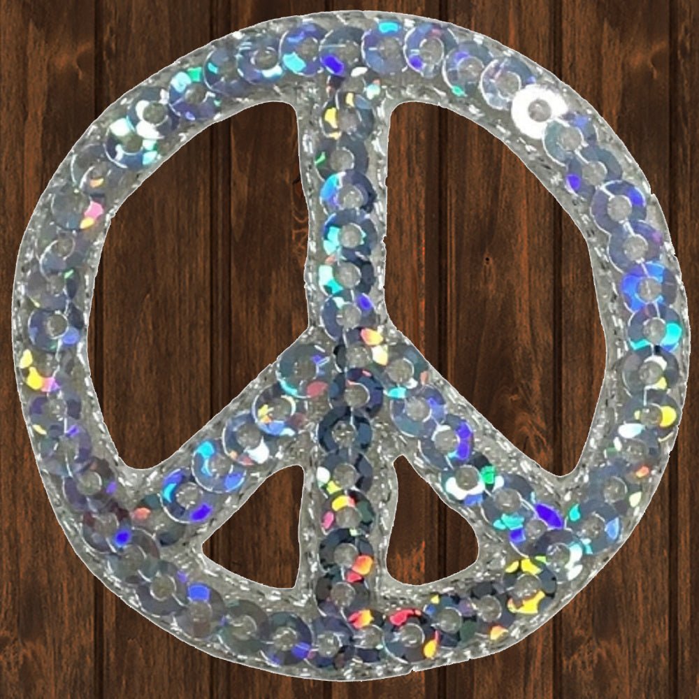 embroidered iron on sew on patch silver sequin peace sign