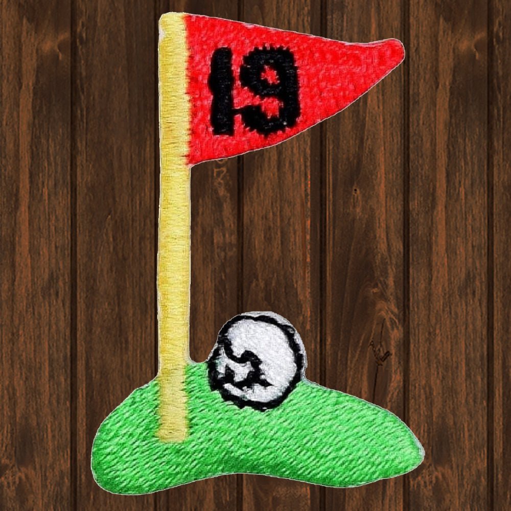 embroidered iron on sew on patch small 19th hole golf flag on green