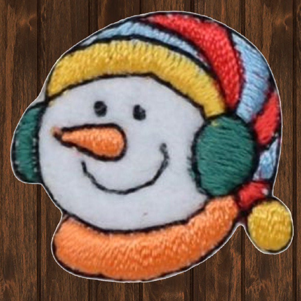 embroidered iron on sew on patch small christmas snowman face with striped hat