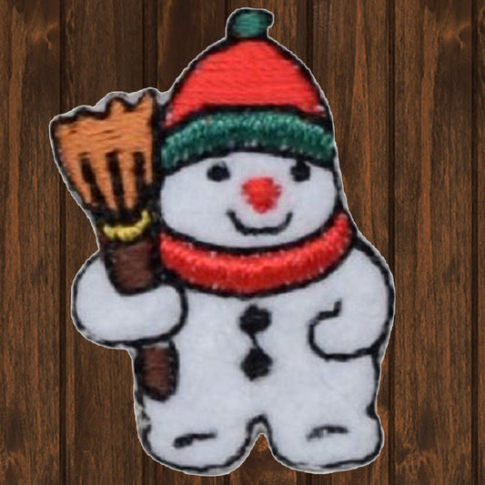 embroidered iron on sew on patch small snowman broom 2