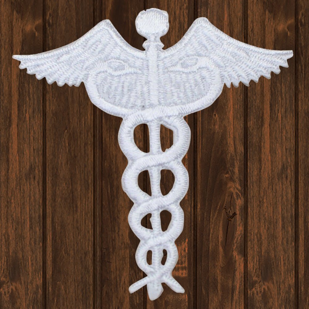 embroidered iron on sew on patch white caduceus