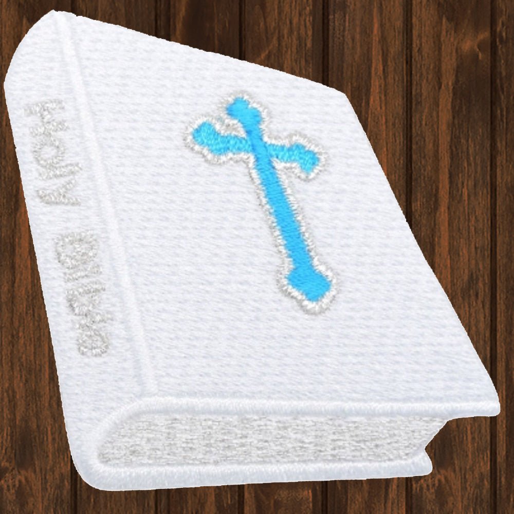 embroidered iron on sew on patch white holy bible with blue cross religious