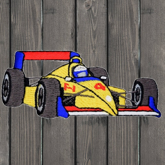 embroidered iron on sew on patch yellow racecar f 1 race car