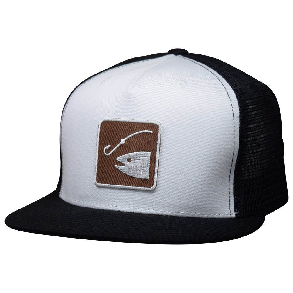 Fishing Trucker Hat - Black & White, Fish Fisherman Snapback Cap Recreation Sign - Paddy's Patches