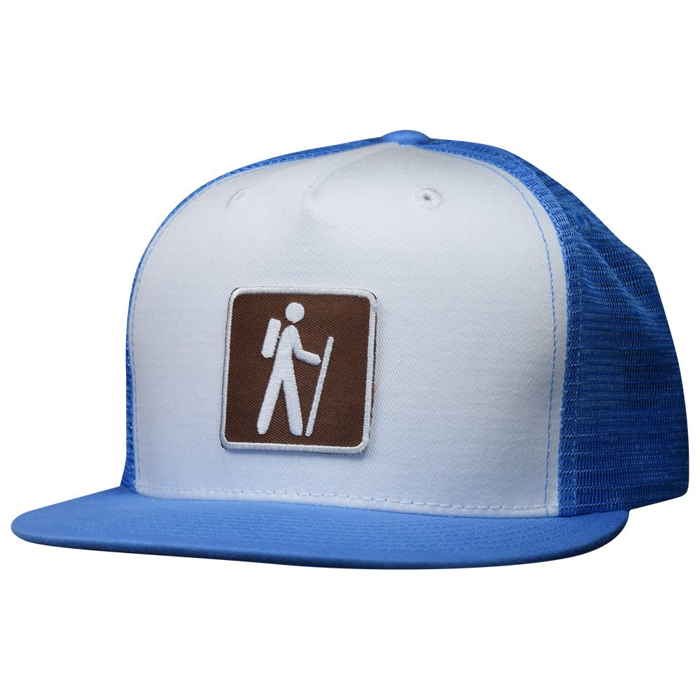 Hiking Trucker Hat - Sky Blue & White Snapback Nature Trail Recreation Sign Cap - Paddy's Patches